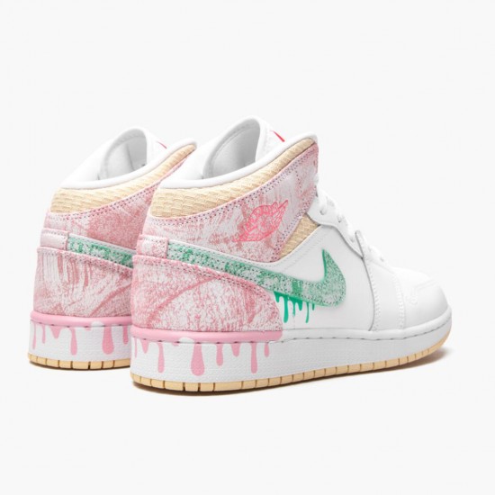 Cheap Air Jordans 1 Mid SE GS Ice Cream White/Arctic Punch/Pale Vanilla/Green Glow DD1666-100